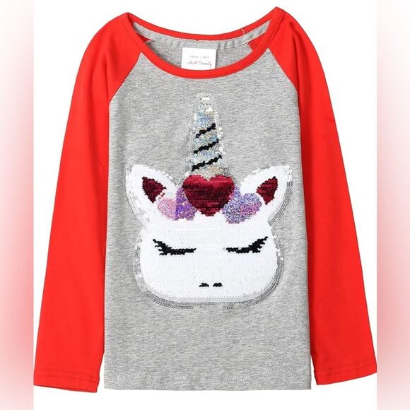 NWT HH Family Girls Flip Sequin Unicorn Heart Long Sleeve Raglan T-Shirt size 8 - Picture 2 of 10